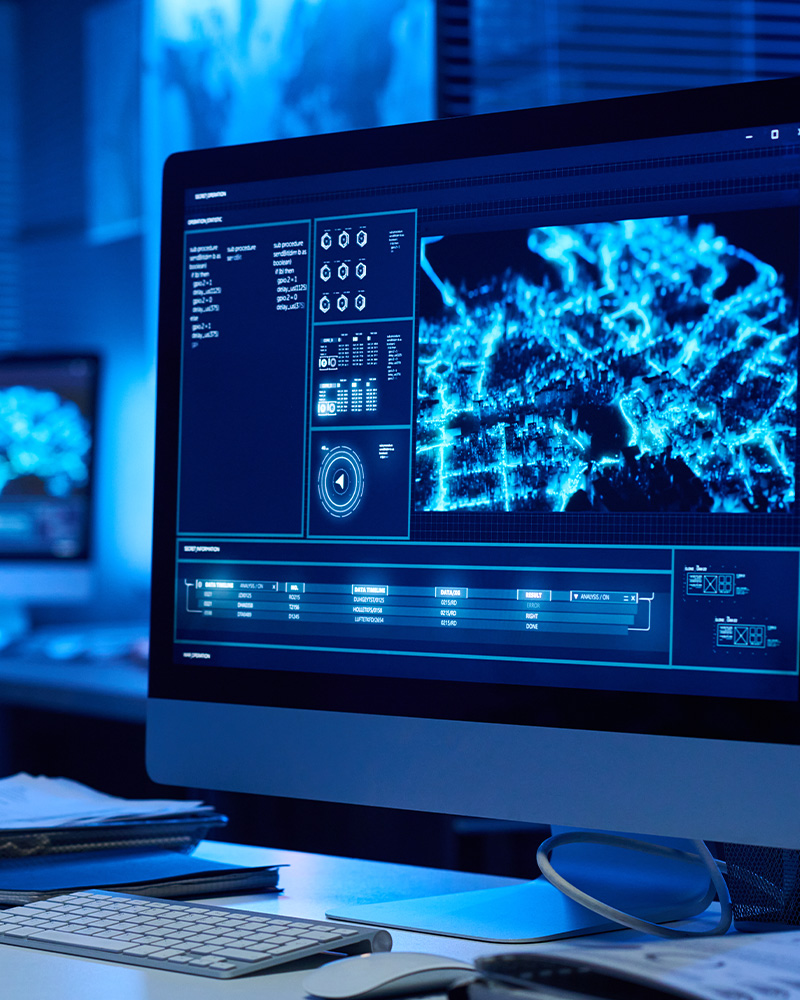 A digital map is shown on a computer screen, highlighting different areas and pathways for user exploration. - Logistix Technology - managed IT services